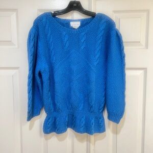Vintage Jennifer Reed Hand Knitted Blue Puff Sleeves Cinch Waist‎ Sweater SZ M